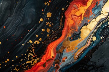 Obraz premium A vibrant abstract organic form that blends fluid, realistic, and fantastical elements. Painting on Dark Background with Gold Brush Strokes