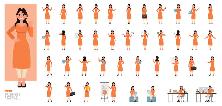 Big Set of Indian businesswoman wear orange dress character vector illustration design. Presentation in various action. People working in office planning, thinking and economic analysis.