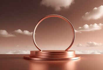 A Copper podium with a round shape and cloud against a monochromatic sky-copper and background. Without a subject.