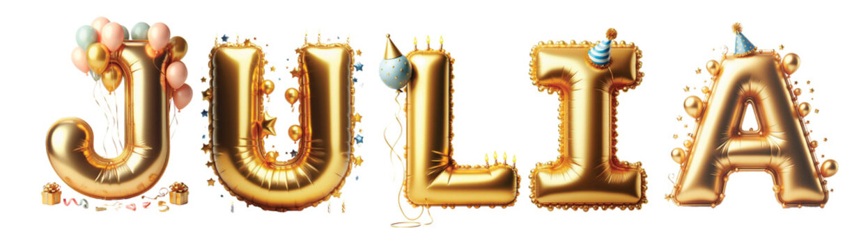 Julia Letters - Golden Balloon, 3D - Isolated on Transparent or White Background PNG - Best for Birthday Illustration Design
