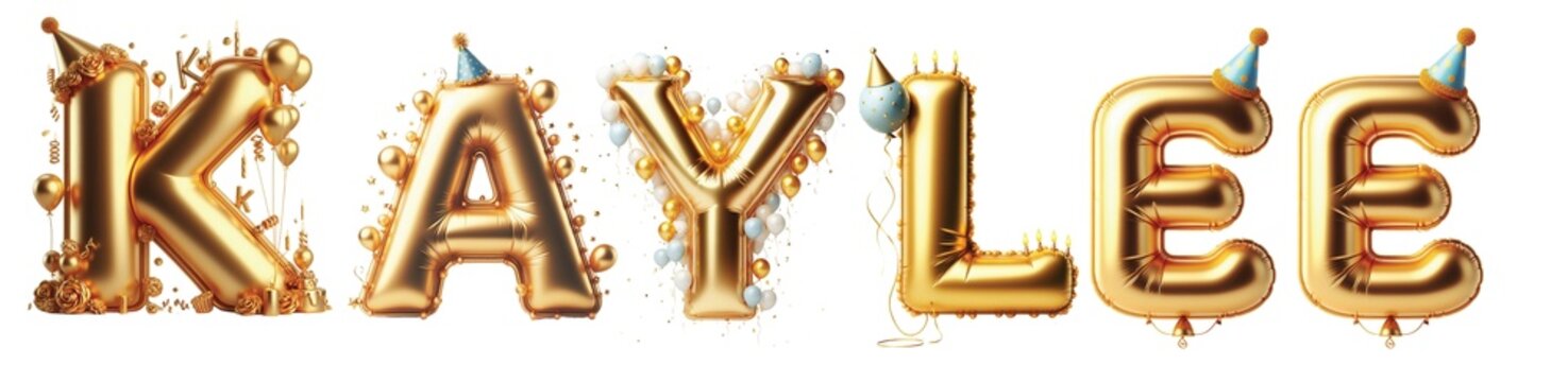 Kaylee Letters - Golden Balloon, 3D - Isolated on Transparent or White Background PNG - Best for Birthday Illustration Design