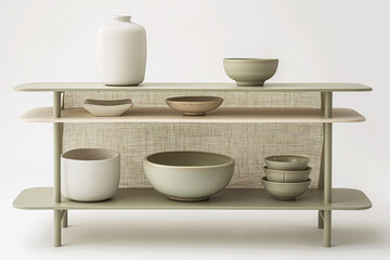A variety of ceramic bowls and vases sit on a green shelf against a beige background