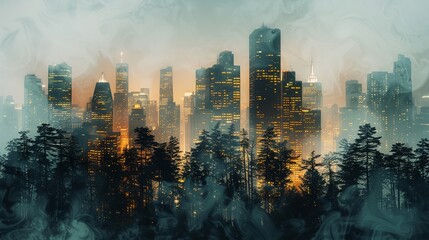 Forest landscape merges with city skyline in a haunting double exposure effect