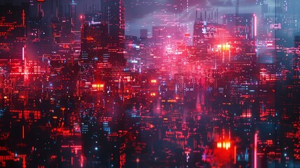 Fototapeta premium Neon glitch patterns convey a sense of digital decay against a dark, moody setting