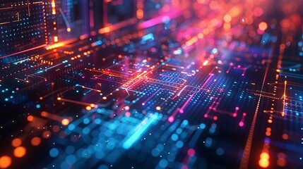Obraz premium Bright visuals show complex tech data flows with neon accents
