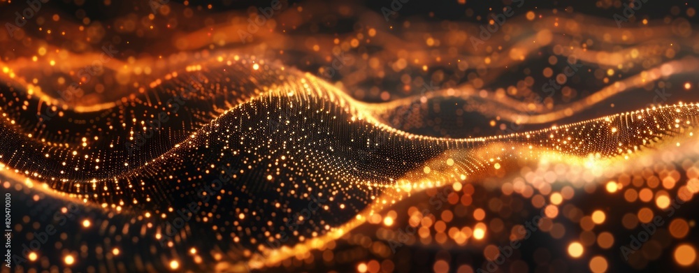 Poster abstract background with a wave of dots and lines, a dark gradient color, flowing