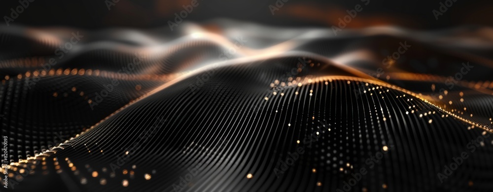 Poster abstract background with a wave of dots and lines, a dark gradient color, flowing