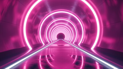 A futuristic tunnel with pink neon lights, creating an atmosphere of energy and excitement. The tunnel is symmetrical in shape, with bright white lighting illuminating the surroundings.