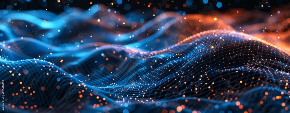 Poster abstract background with a wave of dots and lines, a dark gradient color, flowing