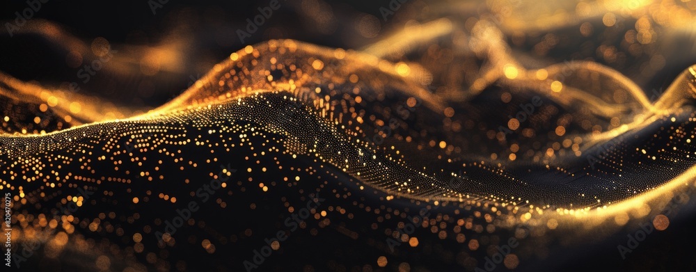 Poster abstract background with a wave of dots and lines, a dark gradient color, flowing