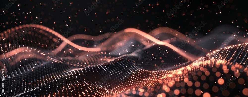 Poster abstract background with a wave of dots and lines, a dark gradient color, flowing