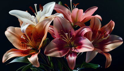 Lily Bouquet Arrangement with Copy Space, This prompt suggests arranging a bouquet of lilies in an aesthetically pleasing composition with ample empty space for text or graphic overlays
