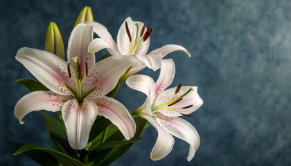 Lily Bouquet Arrangement with Copy Space, This prompt suggests arranging a bouquet of lilies in an aesthetically pleasing composition with ample empty space for text or graphic overlays