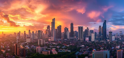 Marvel at the breathtaking beauty of a city skyline bathed in the warm hues of sunset, captured in a panoramic view that symbolizes the vibrant and ever-changing landscape of the financial world