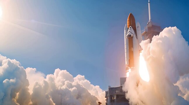 Space Shuttle Launch On Blue Sky. Slow Motion. 3D Animation.