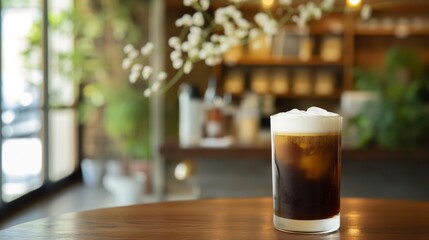 Refreshing cold brew coffee with ice on a wooden table in a cozy cafe during early morning.