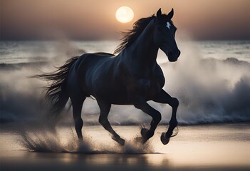 Dappled horse galloping beach moonlight reflection waves sand night serene majestic shimmering cool tones peaceful graceful motion silhouette natural beauty.