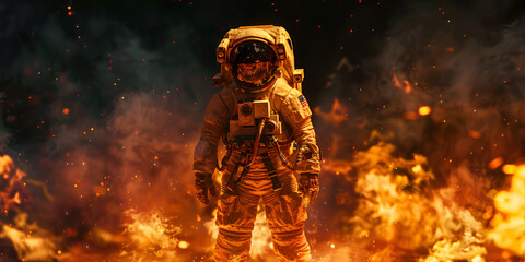 A space explorer stands before a burning inferno.
