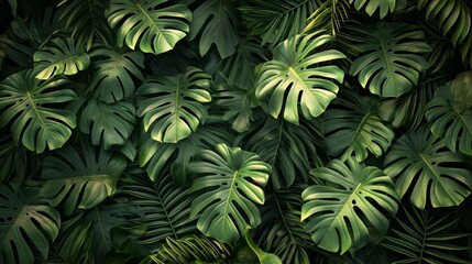 Lush tropical monstera leaves in dense green foliage during daylight.