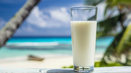 Glass of milk on a tropical beach, ideal for World Milk Day, dairy product advertising, and promoting milk as a refreshing, vacation beverage.