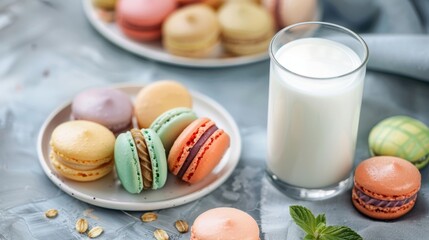 Glass of milk with assorted pastries, ideal for World Milk Day, dairy product advertising, and promoting milk as a perfect companion for snacks.