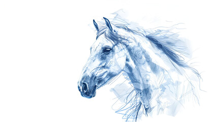 Equestrian sketch drawing of a blue portrait of a horse on a white background, generative Ai