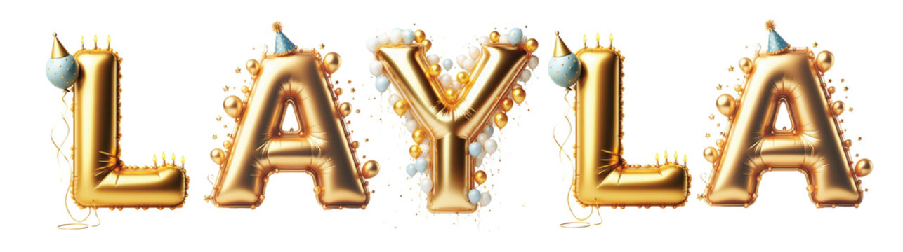 Layla Letters - Golden Balloon, 3D - Isolated on Transparent or White Background PNG - Best for Birthday Illustration Design