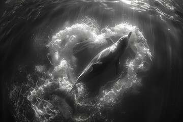 A dolphin is playing and jumping in the sea, so it causes a heart shape with water drop effects from the enjoyable jumping of the dolphin.