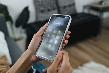 Hand Holding Smartphone. Enter Passcode Smartphone Screen Display. Smartphone Security