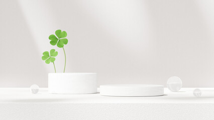 Background 3d rendering natural backdrop and leaf clover with bright lighting for showcasing cosmetic products in landscape