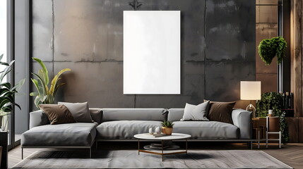 Obraz premium Modern living room interior design with sofa and soft pillows. Interior in minimalist style with empty space for product presentation or text for advertising
