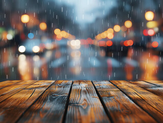 Wooden table in focus with blurred city street in background, showcasing rainy night with vibrant...