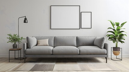 Modern living room interior design with sofa and soft pillows. Interior in minimalist style with empty space for product presentation or text for advertising
