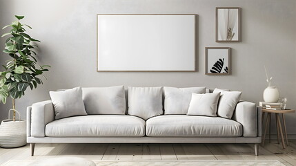 Modern living room interior design with sofa and soft pillows. Interior in minimalist style with empty space for product presentation or text for advertising