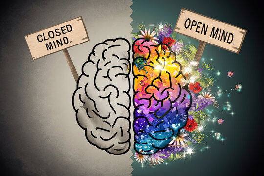 Open Mind vs. Closed Mind A Brain Illustration with Floral and Abstract Backgrounds