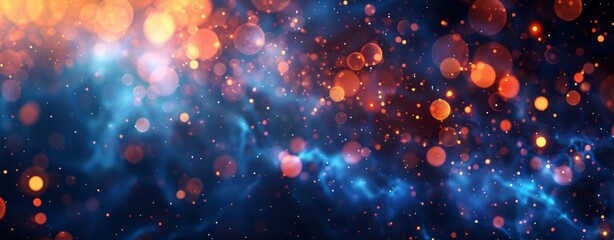 Fototapeta premium Abstract background with blue and orange light rays, futuristic digital design elements, and glowing dots on dark backdrop