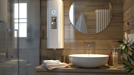 Closeup water heater in a modern bathroom with mirror and washbasin sink