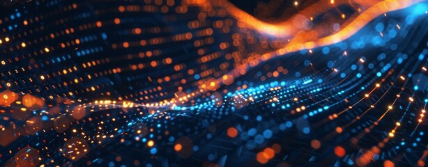 Abstract background with blue and orange light rays, futuristic digital design elements, and glowing dots on dark backdrop