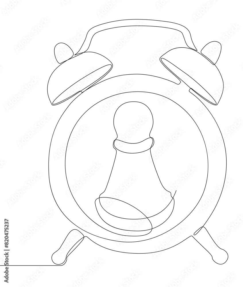 Poster one continuous line of alarm clock with chess pawn. thin line illustration vector concept. contour d