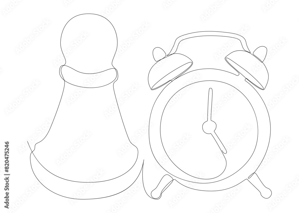 Poster one continuous line of alarm clock with chess pawn. thin line illustration vector concept. contour d
