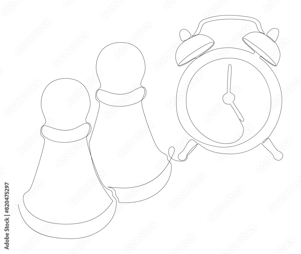 Poster one continuous line of alarm clock with chess pawn. thin line illustration vector concept. contour d