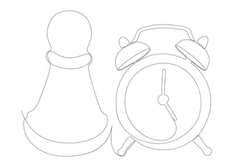 One continuous line of alarm clock with Chess Pawn. Thin Line Illustration vector concept. Contour Drawing Creative ideas.