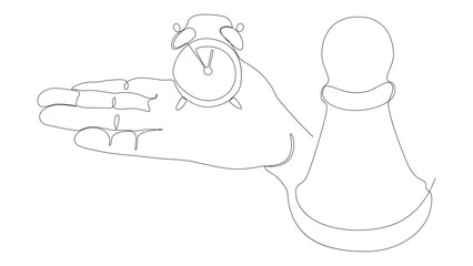 One continuous line of alarm clock with Chess Pawn. Thin Line Illustration vector concept. Contour Drawing Creative ideas.