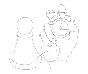 One continuous line of alarm clock with Chess Pawn. Thin Line Illustration vector concept. Contour Drawing Creative ideas.