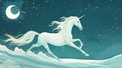 Fairytale white horse galloping in the night sky, generative Ai