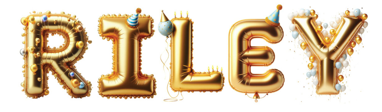 Riley Letters - Golden Balloon, 3D - Isolated on Transparent or White Background PNG - Best for Birthday Illustration Design