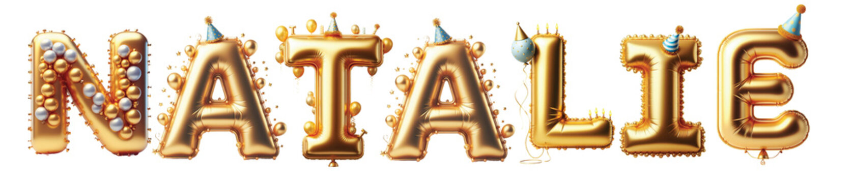 Natalie Letters - Golden Balloon, 3D - Isolated on Transparent or White Background PNG - Best for Birthday Illustration Design