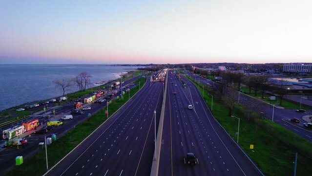 Aerial view of Impact attenuator trucks on I-95 in New Haven, CT, United States