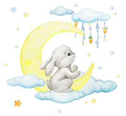 A cute bunny is sitting on a cloud, against the background of the moon and stars, a watercolor clipart on an isolated background.