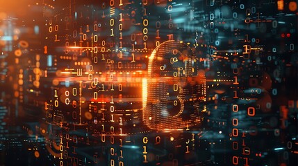 Fototapeta premium Visualize the power of encryption technology with a real photo showcasing a digital padlock set against a backdrop of scattered binary digits and circuitry, highlighting the intricate layers of securi